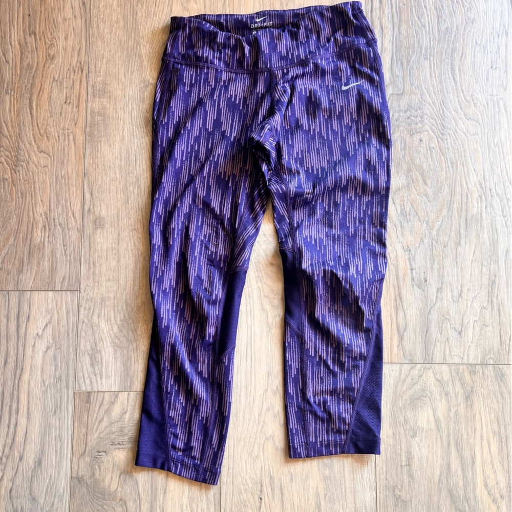 NIKE Dri-Fit Yoga Fitness Leggings S Dark Purple Stripe Zipper Pocket Cropped